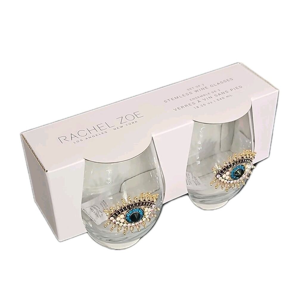 Rachel Zoe Set of 2 Evil Eye Embellished Stemless Wine Glasses Metaphysical Boho
